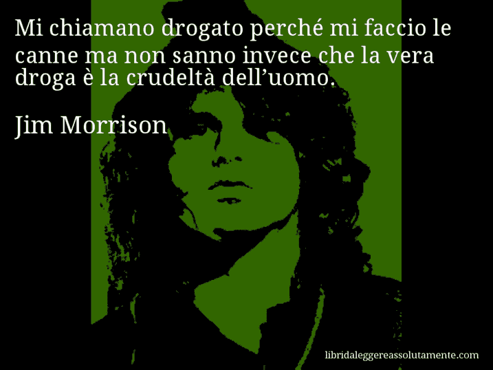 Aforisma di Jim Morrison : Mi chiamano drogato perché mi faccio le canne ma non sanno invece che la vera droga è la crudeltà dell’uomo.