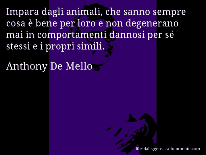 Aforisma di Anthony De Mello : Impara dagli animali, che sanno sempre cosa è bene per loro e non degenerano mai in comportamenti dannosi per sé stessi e i propri simili.