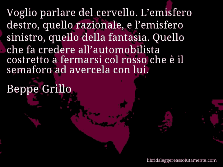 Aforisma di Beppe Grillo : Voglio parlare del cervello. L’emisfero destro, quello razionale, e l’emisfero sinistro, quello della fantasia. Quello che fa credere all’automobilista costretto a fermarsi col rosso che è il semaforo ad avercela con lui.