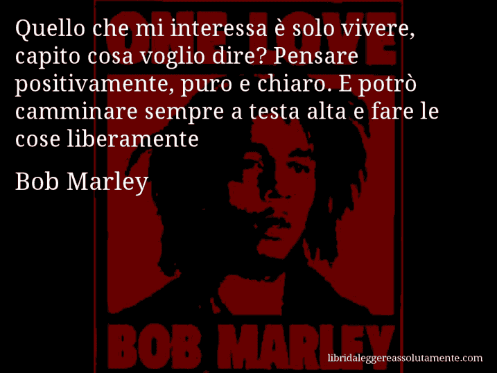 Aforisma di Bob Marley : Quello che mi interessa è solo vivere, capito cosa voglio dire? Pensare positivamente, puro e chiaro. E potrò camminare sempre a testa alta e fare le cose liberamente