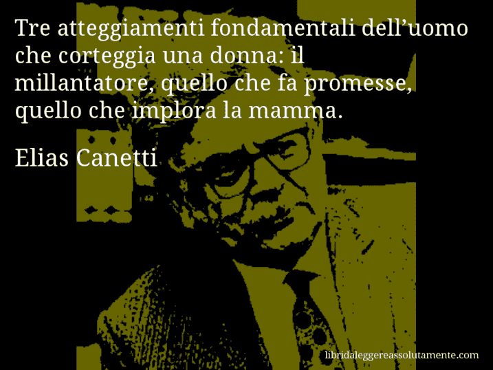 Aforisma di Elias Canetti : Tre atteggiamenti fondamentali dell’uomo che corteggia una donna: il millantatore, quello che fa promesse, quello che implora la mamma.