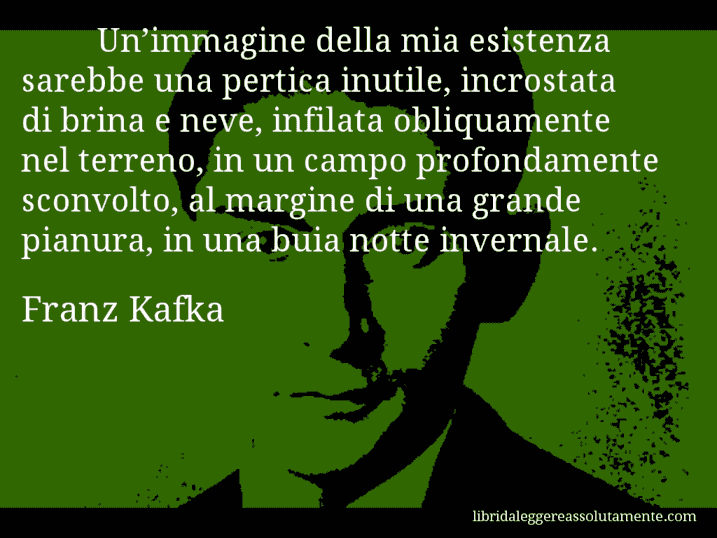 Aforisma di Franz Kafka : Un’immagine della mia esistenza sarebbe una pertica inutile, incrostata di brina e neve, infilata obliquamente nel terreno, in un campo profondamente sconvolto, al margine di una grande pianura, in una buia notte invernale.