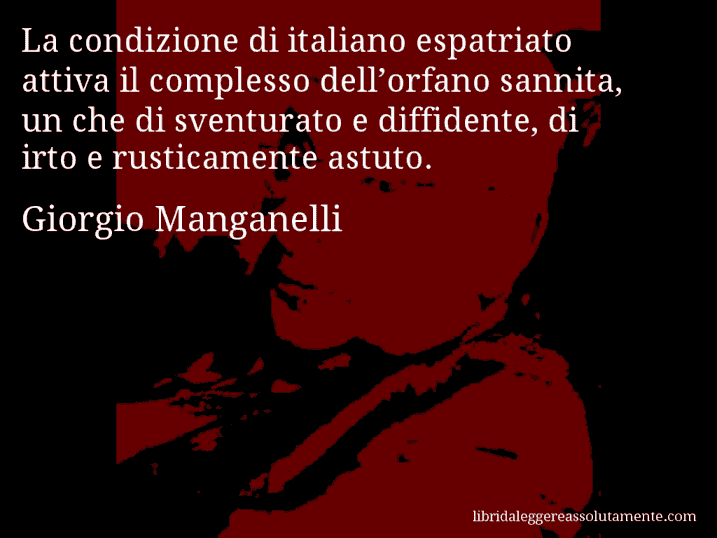 Aforisma di Giorgio Manganelli : La condizione di italiano espatriato attiva il complesso dell’orfano sannita, un che di sventurato e diffidente, di irto e rusticamente astuto.