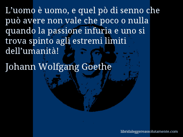 Aforisma di Johann Wolfgang Goethe : L’uomo è uomo, e quel pò di senno che può avere non vale che poco o nulla quando la passione infuria e uno si trova spinto agli estremi limiti dell’umanità!