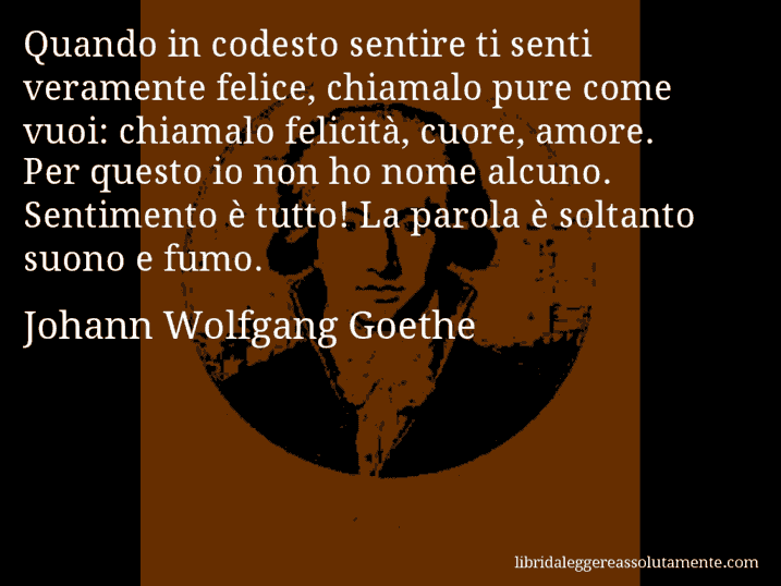 Aforisma di Johann Wolfgang Goethe : Quando in codesto sentire ti senti veramente felice, chiamalo pure come vuoi: chiamalo felicità, cuore, amore. Per questo io non ho nome alcuno. Sentimento è tutto! La parola è soltanto suono e fumo.