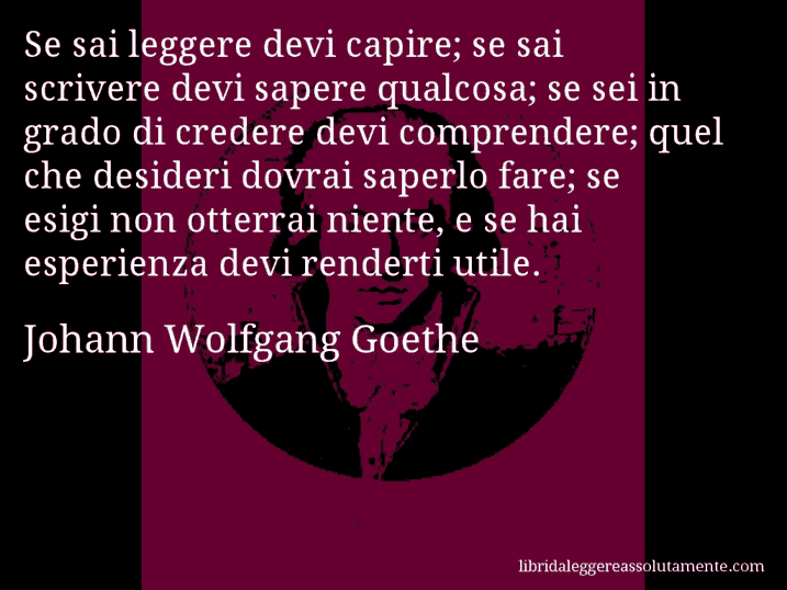 Aforisma di Johann Wolfgang Goethe : Se sai leggere devi capire; se sai scrivere devi sapere qualcosa; se sei in grado di credere devi comprendere; quel che desideri dovrai saperlo fare; se esigi non otterrai niente, e se hai esperienza devi renderti utile.