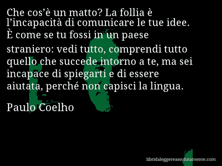 Aforisma di Paulo Coelho : Che cos’è un matto? La follia è l’incapacità di comunicare le tue idee. È come se tu fossi in un paese straniero: vedi tutto, comprendi tutto quello che succede intorno a te, ma sei incapace di spiegarti e di essere aiutata, perché non capisci la lingua.