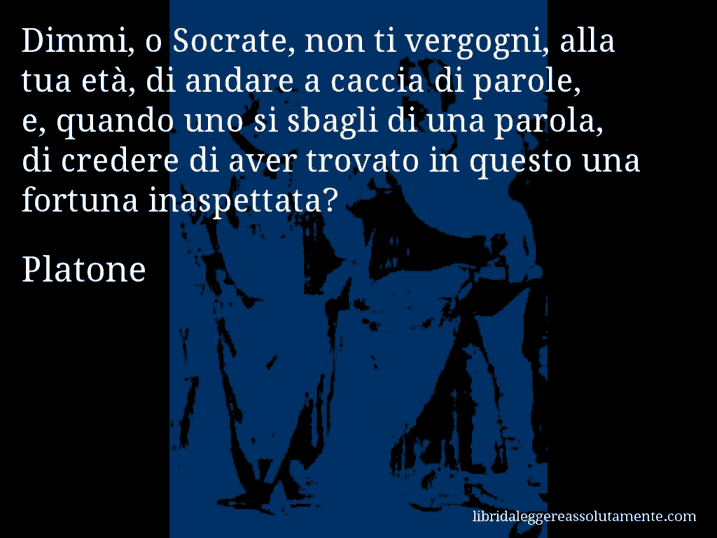 Aforisma di Platone : Dimmi, o Socrate, non ti vergogni, alla tua età, di andare a caccia di parole, e, quando uno si sbagli di una parola, di credere di aver trovato in questo una fortuna inaspettata?