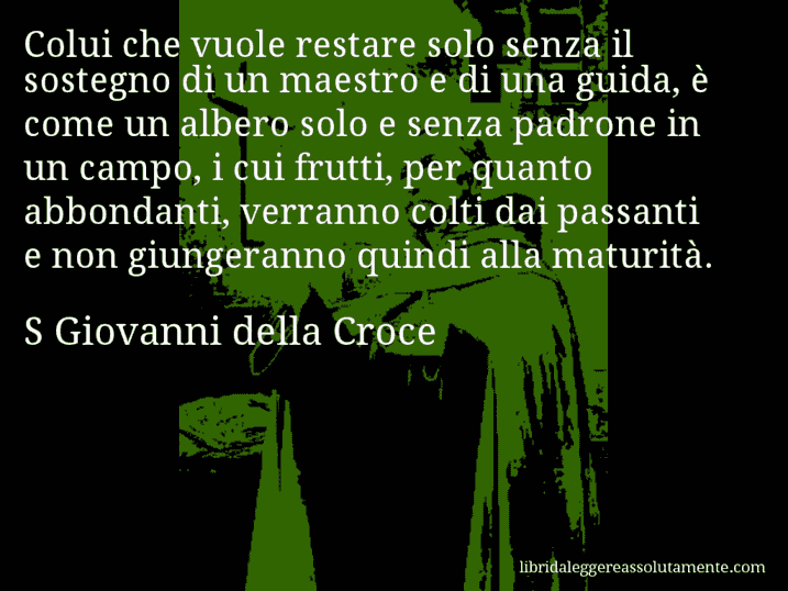 Aforisma di S Giovanni della Croce : Colui che vuole restare solo senza il sostegno di un maestro e di una guida, è come un albero solo e senza padrone in un campo, i cui frutti, per quanto abbondanti, verranno colti dai passanti e non giungeranno quindi alla maturità.