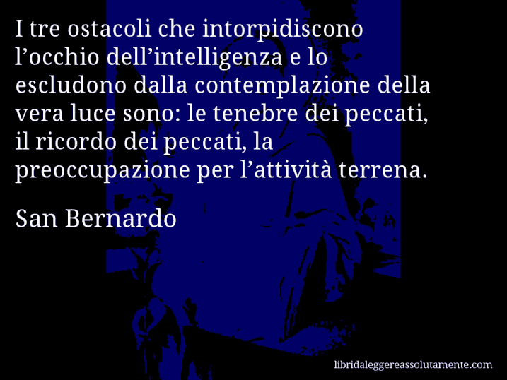 Aforisma di San Bernardo : I tre ostacoli che intorpidiscono l’occhio dell’intelligenza e lo escludono dalla contemplazione della vera luce sono: le tenebre dei peccati, il ricordo dei peccati, la preoccupazione per l’attività terrena.