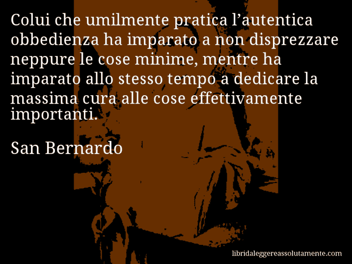 Aforisma di San Bernardo : Colui che umilmente pratica l’autentica obbedienza ha imparato a non disprezzare neppure le cose minime, mentre ha imparato allo stesso tempo a dedicare la massima cura alle cose effettivamente importanti.