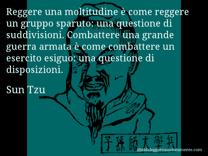 Aforisma di Sun Tzu : Reggere una moltitudine è come reggere un gruppo sparuto: una questione di suddivisioni. Combattere una grande guerra armata è come combattere un esercito esiguo: una questione di disposizioni.