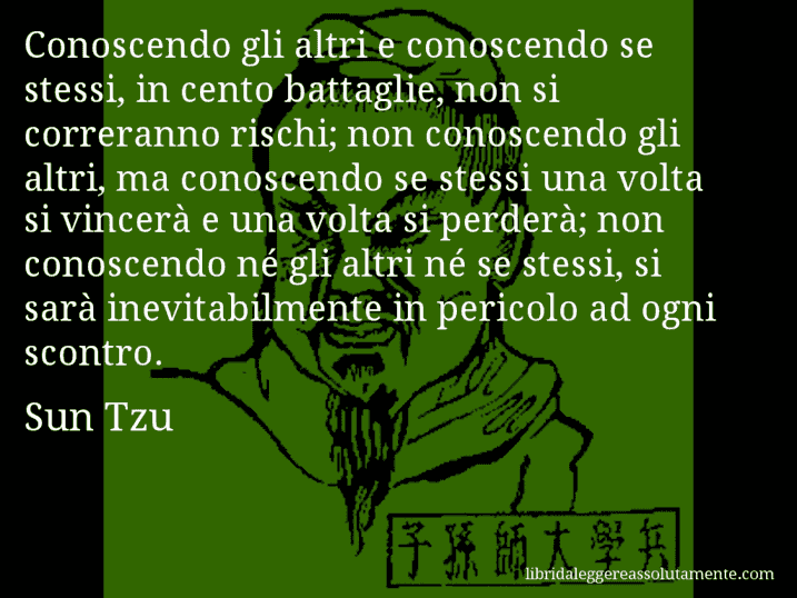 Aforisma di Sun Tzu : Conoscendo gli altri e conoscendo se stessi, in cento battaglie, non si correranno rischi; non conoscendo gli altri, ma conoscendo se stessi una volta si vincerà e una volta si perderà; non conoscendo né gli altri né se stessi, si sarà inevitabilmente in pericolo ad ogni scontro.