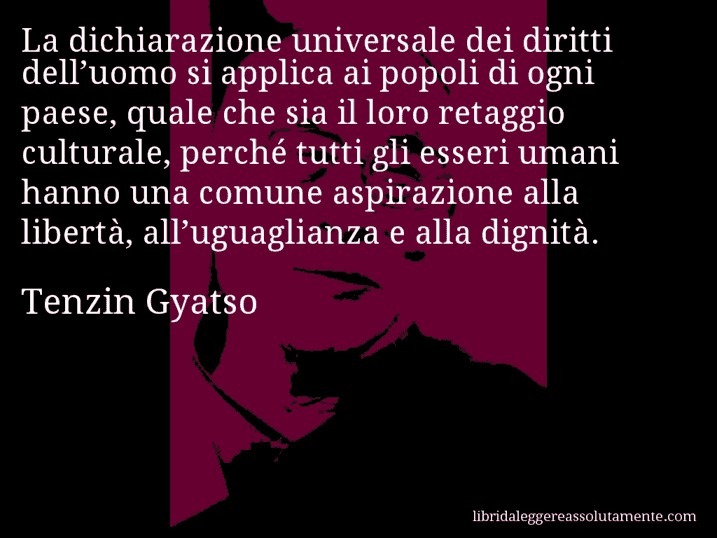 Aforisma di Tenzin Gyatso : La dichiarazione universale dei diritti dell’uomo si applica ai popoli di ogni paese, quale che sia il loro retaggio culturale, perché tutti gli esseri umani hanno una comune aspirazione alla libertà, all’uguaglianza e alla dignità.