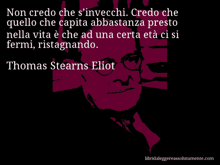 Aforisma di Thomas Stearns Eliot : Non credo che s’invecchi. Credo che quello che capita abbastanza presto nella vita è che ad una certa età ci si fermi, ristagnando.