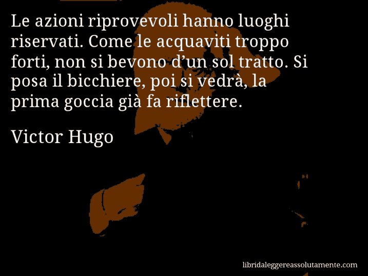 Aforisma di Victor Hugo : Le azioni riprovevoli hanno luoghi riservati. Come le acquaviti troppo forti, non si bevono d’un sol tratto. Si posa il bicchiere, poi si vedrà, la prima goccia già fa riflettere.