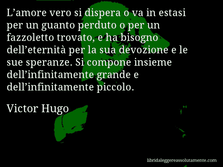 Aforisma di Victor Hugo : L’amore vero si dispera o va in estasi per un guanto perduto o per un fazzoletto trovato, e ha bisogno dell’eternità per la sua devozione e le sue speranze. Si compone insieme dell’infinitamente grande e dell’infinitamente piccolo.