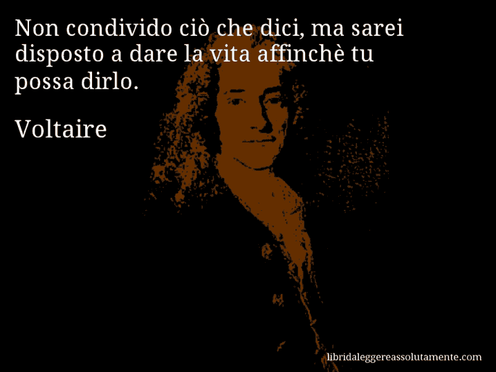 Aforisma di Voltaire : Non condivido ciò che dici, ma sarei disposto a dare la vita affinchè tu possa dirlo.