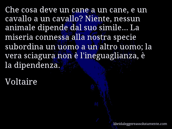 Aforisma di Voltaire : Che cosa deve un cane a un cane, e un cavallo a un cavallo? Niente, nessun animale dipende dal suo simile... La miseria connessa alla nostra specie subordina un uomo a un altro uomo; la vera sciagura non è l'ineguaglianza, è la dipendenza.