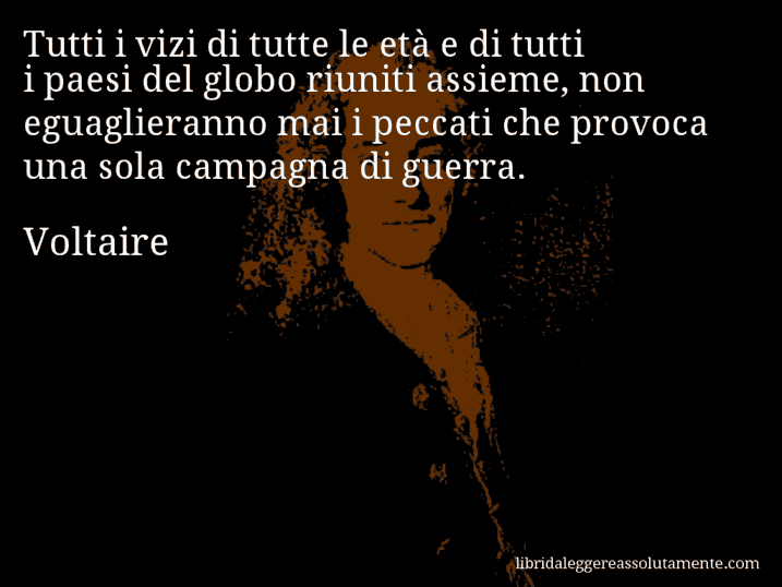 Aforisma di Voltaire : Tutti i vizi di tutte le età e di tutti i paesi del globo riuniti assieme, non eguaglieranno mai i peccati che provoca una sola campagna di guerra.