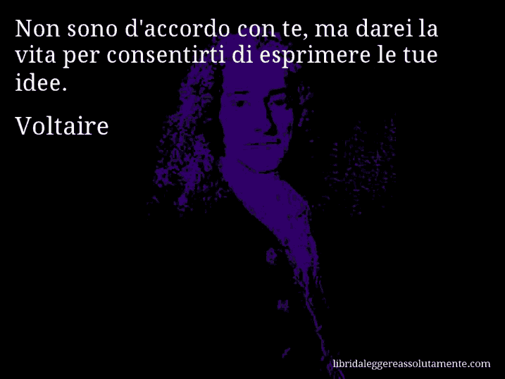 Aforisma di Voltaire : Non sono d'accordo con te, ma darei la vita per consentirti di esprimere le tue idee.