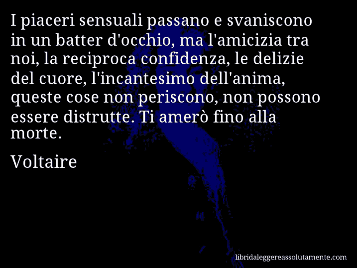 Aforisma di Voltaire : I piaceri sensuali passano e svaniscono in un batter d'occhio, ma l'amicizia tra noi, la reciproca confidenza, le delizie del cuore, l'incantesimo dell'anima, queste cose non periscono, non possono essere distrutte. Ti amerò fino alla morte.