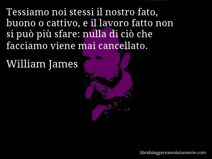 Aforisma di William James : Tessiamo noi stessi il nostro fato, buono o cattivo, e il lavoro fatto non si può più sfare: nulla di ciò che facciamo viene mai cancellato.